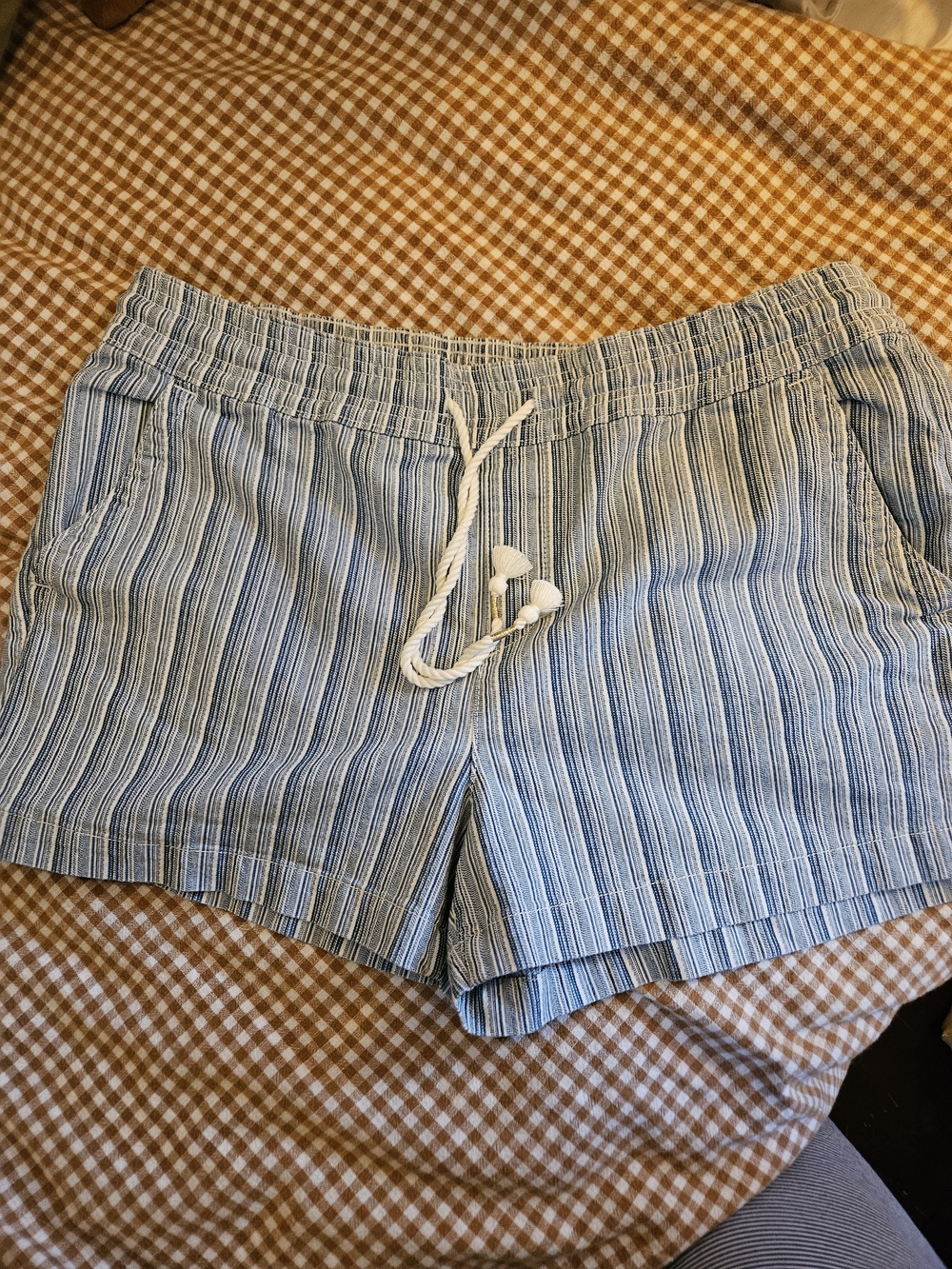 LOFT Blue & White Striped High-Waist Drawstring Shorts